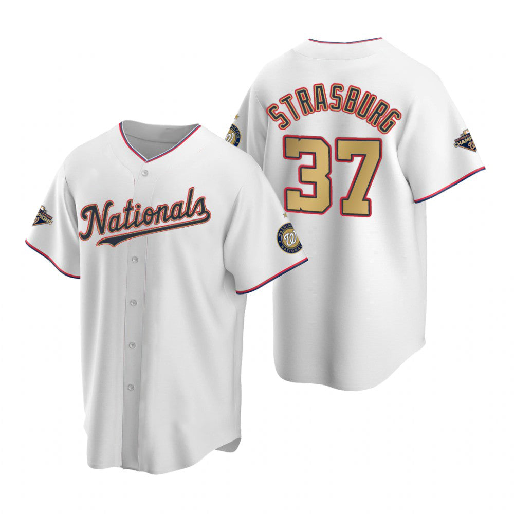 Washington Nationals #37 Stephen Strasburg White Gold Fedasgoge 2019 World Series Champions Stitched Cool Base Jersey