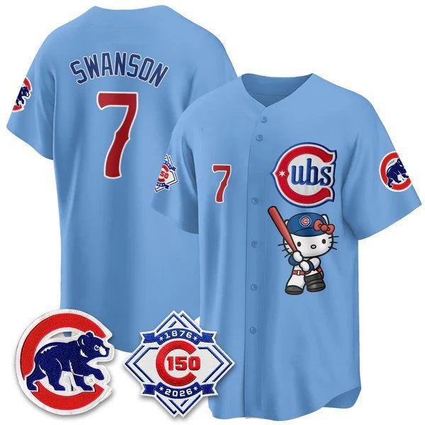 Chicago Cubs #7 Dansby Swanson Blue Fedasgoge Meow KT All Stitched Jersey