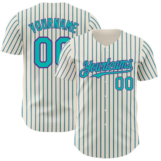Custom Cream (Purple Aqua Pinstripe) Aqua-Purple Authentic Baseball Jersey