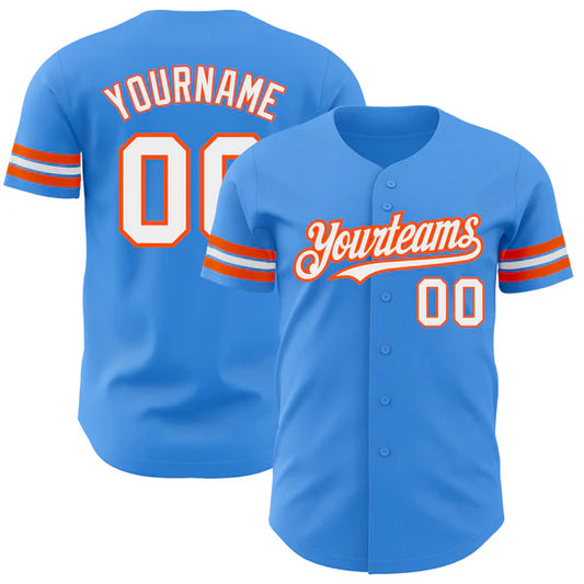 Custom Electric Blue White-Orange Authentic Baseball Jersey