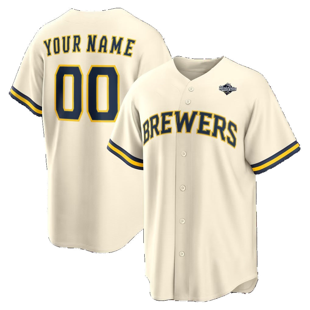 Custom Milwaukee Brewers Cream 2026 World Series Patch Home Replica Jersey Fedasgoge