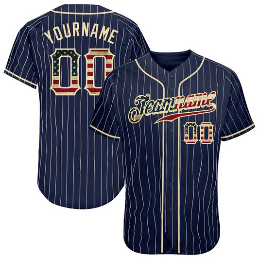 Custom Navy White Pinstripe Vintage Flag-Cream Authentic Baseball Jersey