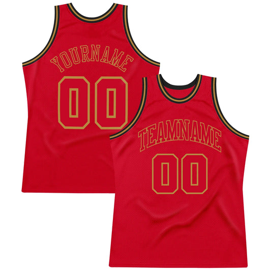Custom Red White-Gold Authentic Throwback Basketball Jersey
