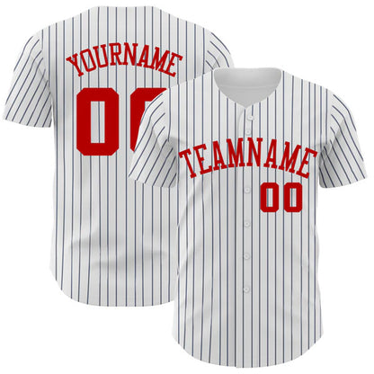 Custom White Navy Pinstripe Red Authentic Baseball Jersey
