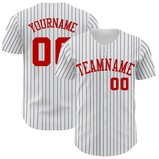Custom White Navy Pinstripe Red Authentic Baseball Jersey