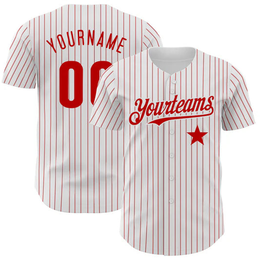Custom White Red Pinstripe Authentic Red Star Baseball Jersey