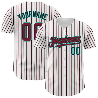 Custom White (Black Crimson Pinstripe) Crimson Black-Aqua Authentic Baseball Jersey