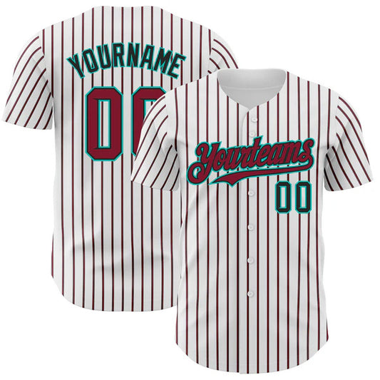 Custom White (Black Crimson Pinstripe) Crimson Black-Aqua Authentic Baseball Jersey