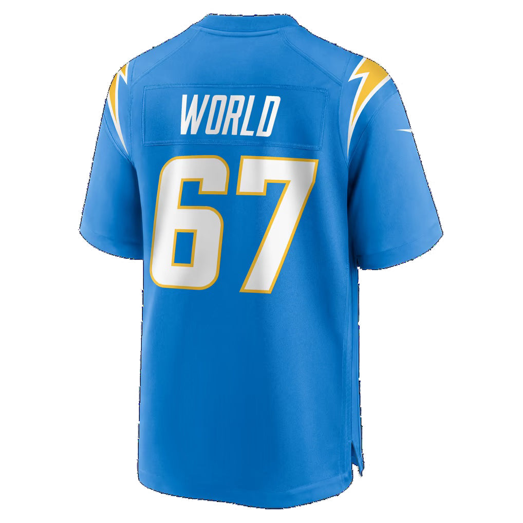LA.Chargers #67 Isaiah World Powder Blue Team Game Football jersey Fedasgoge