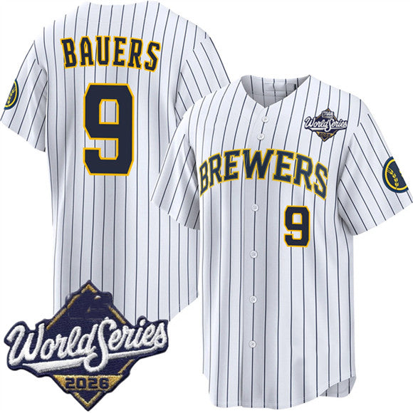 Milwaukee Brewers #9 Jake Bauers White 2026 World Series Stitched Jersey Fedasgoge