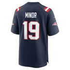 NE.Patriots #19 Kobee Minor Navy Team Game Jersey Fedasgoge