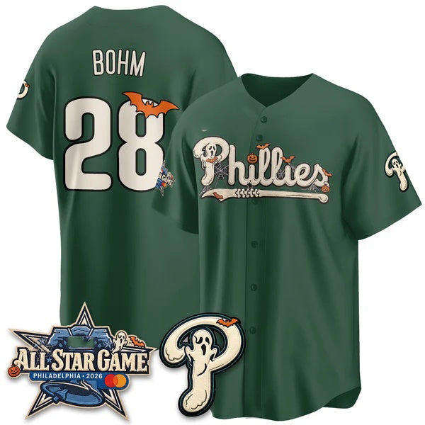 Philadelphia Phillies #28 Alec Bohm Green Fedasgoge Halloween 2026 Vapor Limited Stitched Jersey