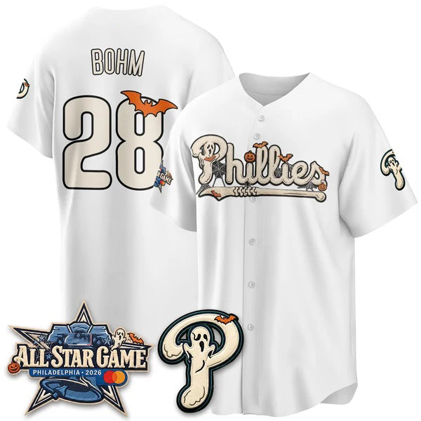 Philadelphia Phillies #28 Alec Bohm White Fedasgoge Halloween 2026 Vapor Limited Stitched Jersey