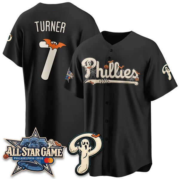 Philadelphia Phillies #7 Trea Turner Black Fedasgoge Halloween 2026 Vapor Limited Stitched Jersey