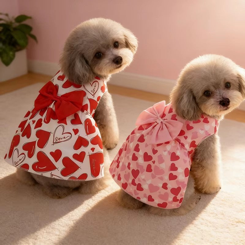 Spring Dog Princess Dress Heart Patten Pet Skirt Cute Dog‘s Summer Dress Bow Lace for Small Medium Puppy Poodle Chihuahua