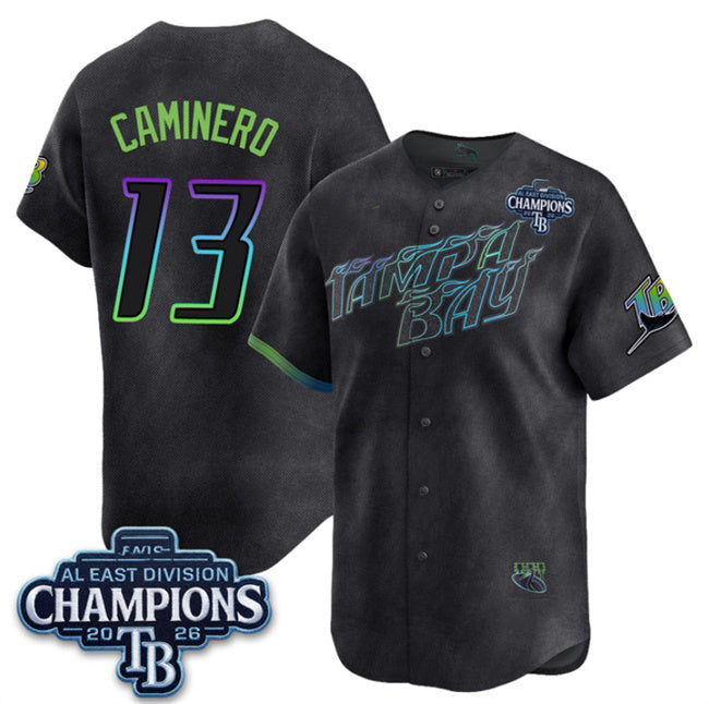 Tampa Bay Rays #13 Junior Caminero Charcoal 2026 AL East Champions Patch City Connect Limited Stitched Jersey Fedasgoge