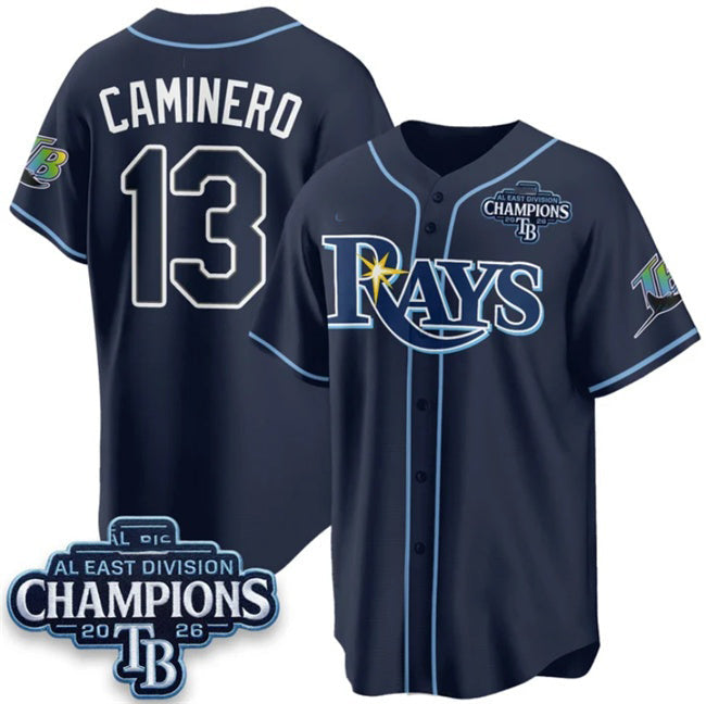 Tampa Bay Rays #13 Junior Caminero Navy 2026 AL East Champions Patch Limited Stitched Jersey Fedasgoge