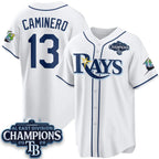 Tampa Bay Rays #13 Junior Caminero White 2026 AL East Champions Patch Limited Stitched Jersey Fedasgoge