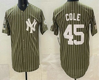 New York Yankees #45 Gerrit Cole Olive Fedasgoge Pinstripe 2026 Armed Forces Day Salute To Service Jersey