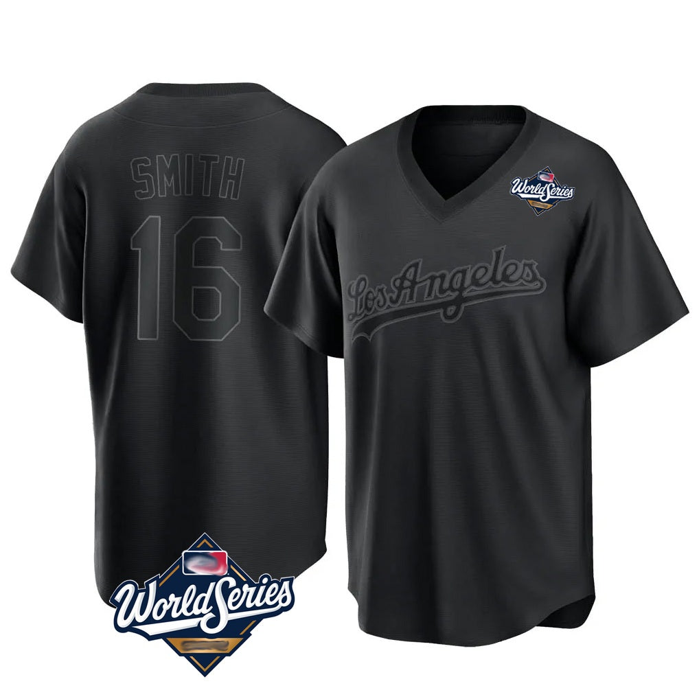 Los Angeles Dodgers #16 Will Smith Player Black Fedasgoge World Series Pitch Fashion T-shirt Stitched Jerseys