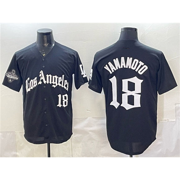 Los Angeles Dodgers #18 Yoshinobu Yamamoto Black Fedasgoge LA Gothic Style With 2025 World Series Champions Patch Limited Stitched Jersey