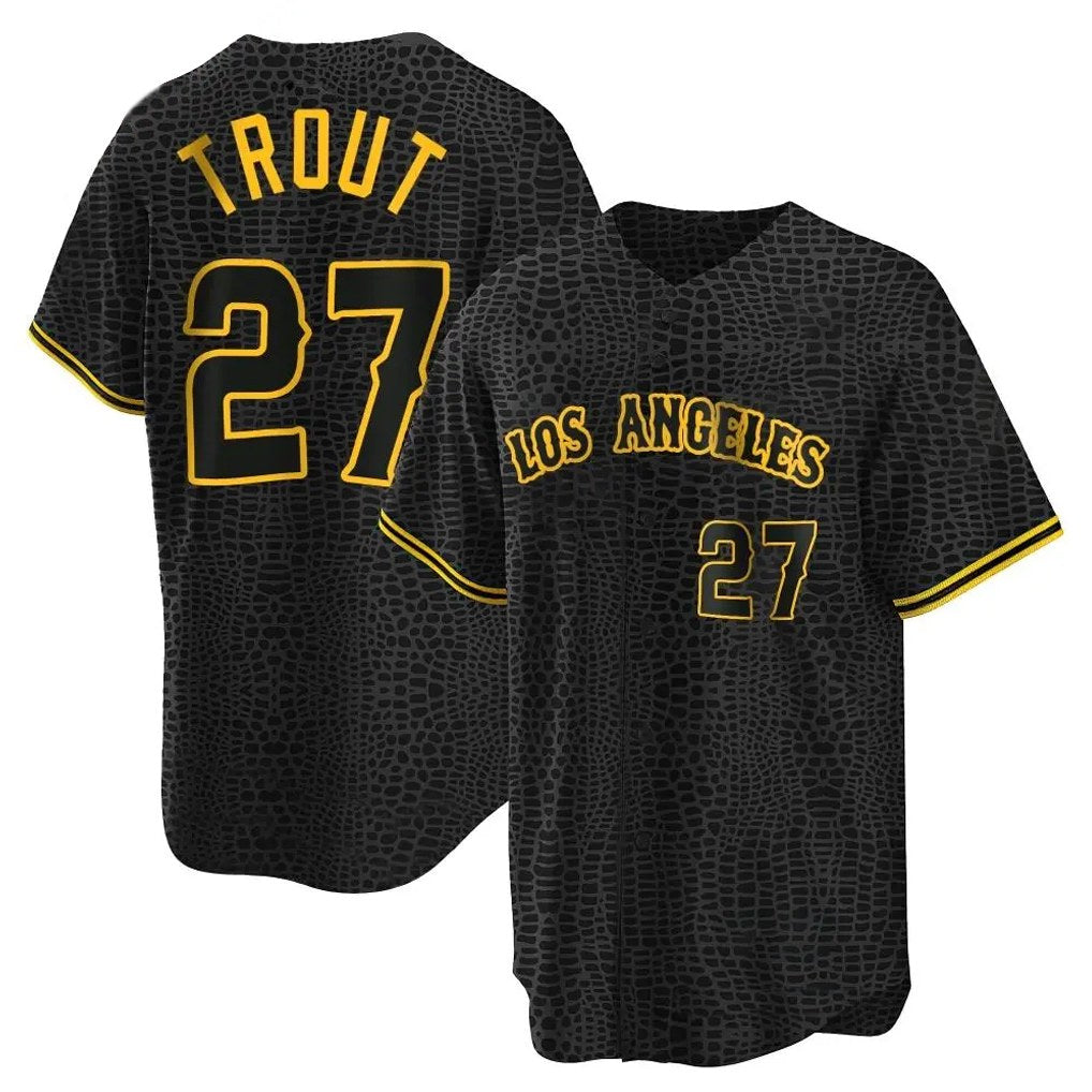 Los Angeles Angels #27 Mike Trout Player Black Fedasgoge Snake Skin City Game Home Stitched Jerseys