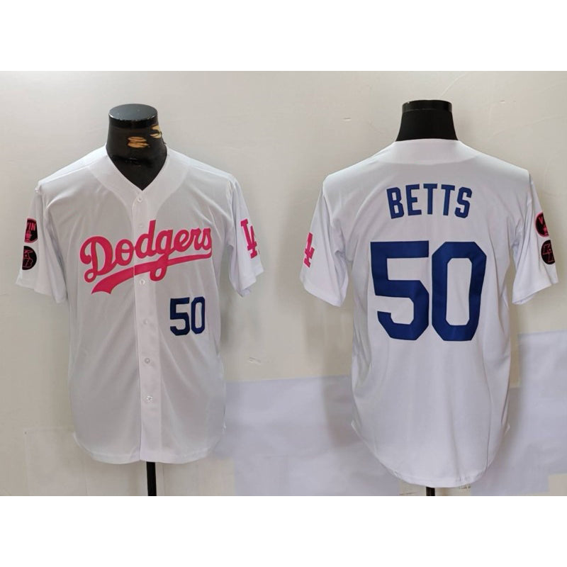 Los Angeles Dodgers #50 Mookie Betts White Pink Fedasgoge Vin & Kobe Patch Stitched Jerseys