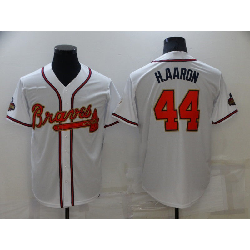 Atlanta Braves #44 Hank Aaron 2022 White Gold Fedasgoge World Series Champions Program Cool Base Stitched Jersey