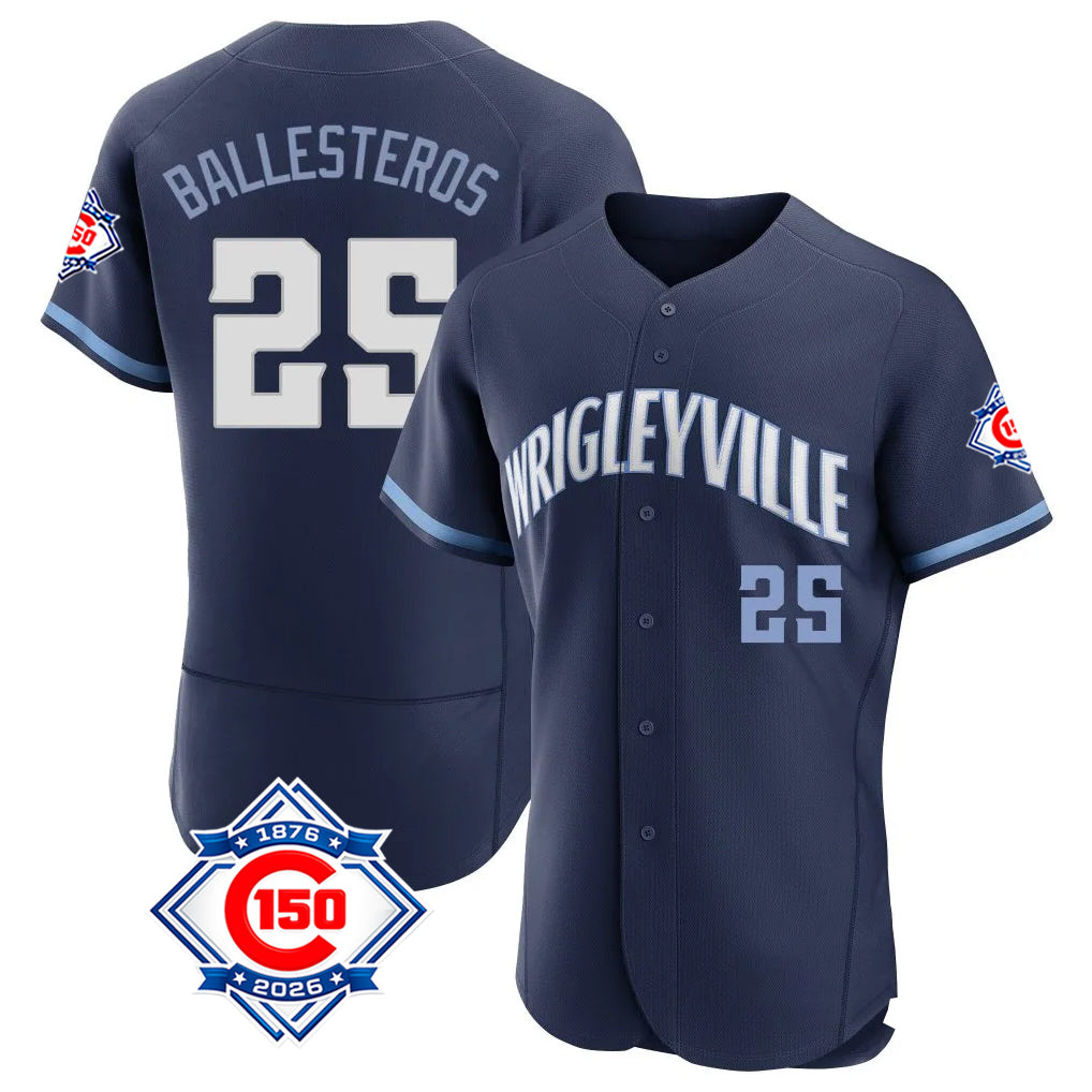 Chicago Cubs #25 Moises Ballesteros Player Navy Fedasgoge City Connect 150th Anniversary Limited Elite Home Stitched Jerseys