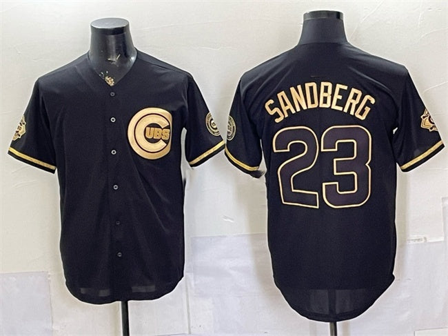 Chicago Cubs #23 Ryne Sandberg Black Gold Fedasgoge 150th Anniversary Patch Stitched Jersey