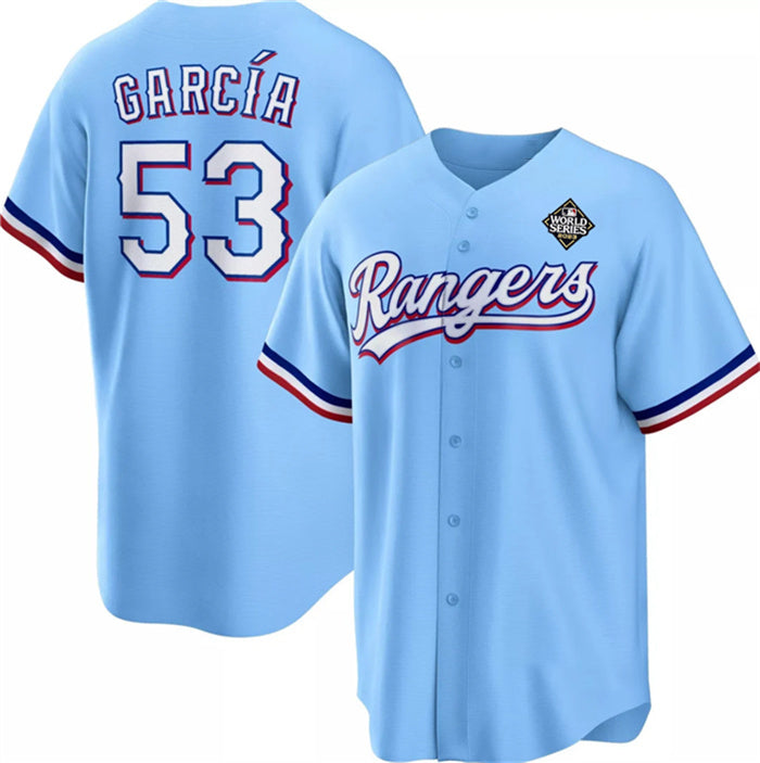 Texas Rangers #53 Adolis Garc¨ªa Blue Fedasgoge 2023 World Series Cool Base Stitched Jersey