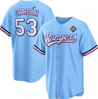 Texas Rangers #53 Adolis Garc¨ªa Blue Fedasgoge 2023 World Series Cool Base Stitched Jersey