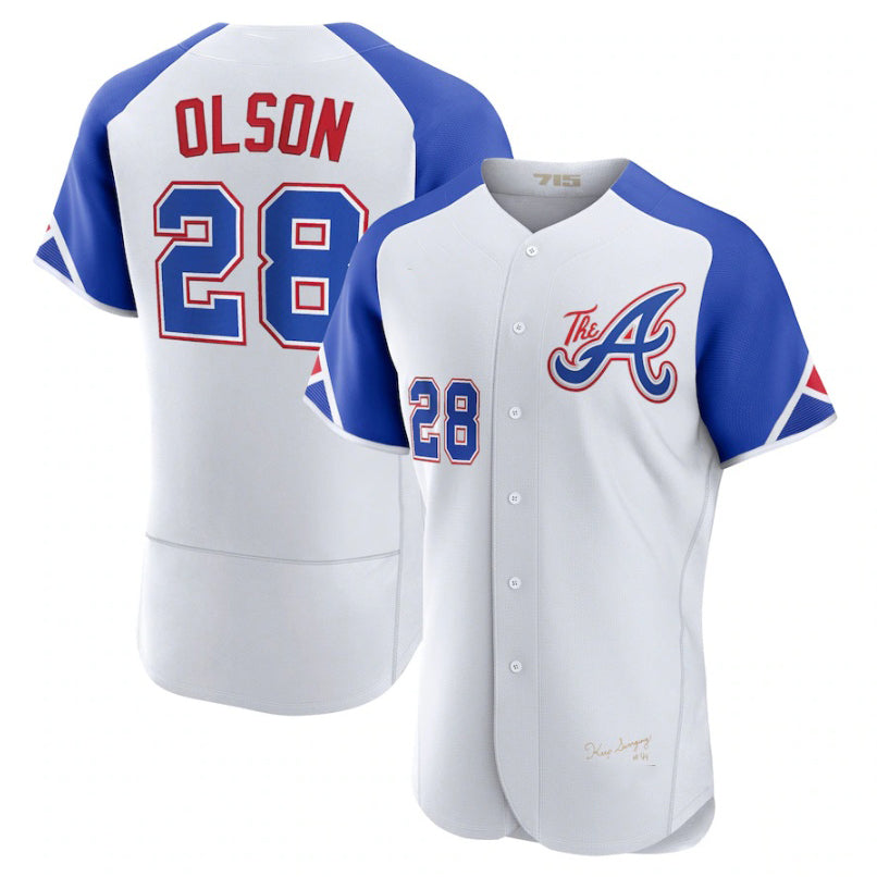 Atlanta Braves #28 Matt Olson ACTIVE PLAYER Custom White Fedasgoge 2023 City Connect Flex Base Stitched Jersey