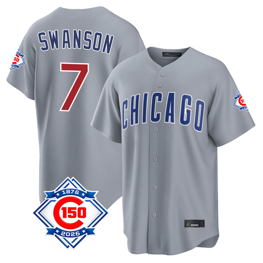Chicago Cubs #7 Dansby Swanson Player Gray Fedasgoge 150th Anniversary Home Game Stitched Jerseys