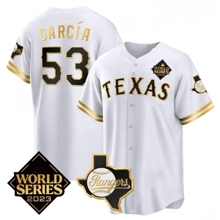 Texas Rangers & Cowboys #53 Adolis Garc¨ªa White Fedasgoge 2023 World Series Splite Stitched Jersey