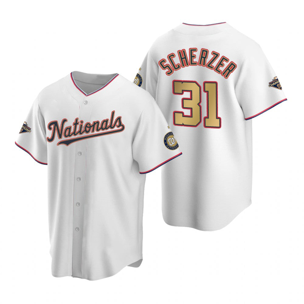 Washington Nationals #31 Max Scherzer White Gold Fedasgoge 2019 World Series Champions Stitched Cool Base Jersey