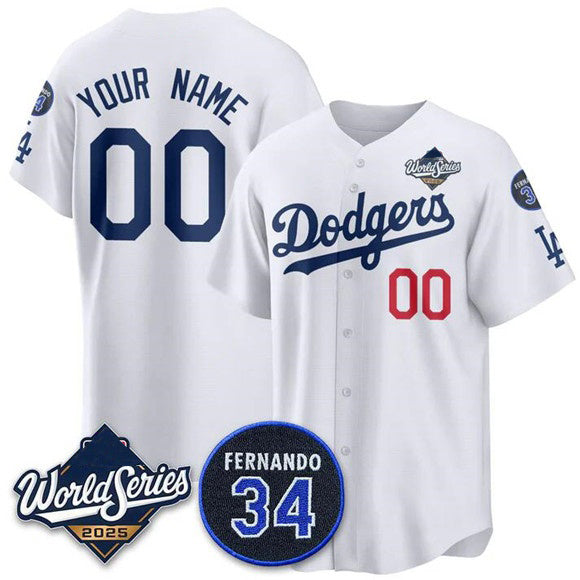 Custom Los Angeles Dodgers ACTIVE PLAYER White Fedasgoge 2025 World Series With No. 34 Patch Limited Stitched Jersey