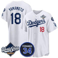 Los Angeles Dodgers #18 Yoshinobu Yamamoto White Fedasgoge 2025 World Series With No. 34 Patch Limited Stitched Jersey