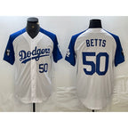 Los Angeles Dodgers #50 Mookie Betts Number White Blue Fedasgoge Fashion Stitched Cool Base Limited Jersey 2