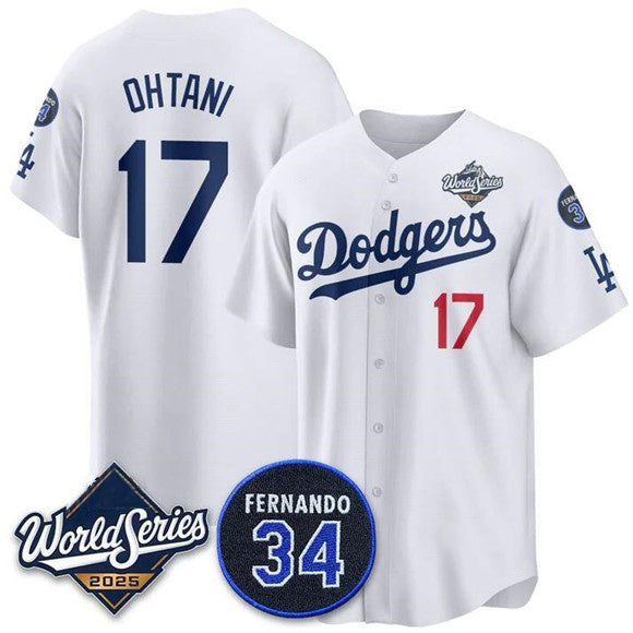 Los Angeles Dodgers #17 Shohei Ohtani White Fedasgoge 2025 World Series With No. 34 Patch Limited Stitched Jersey