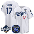 Los Angeles Dodgers #17 Shohei Ohtani White Fedasgoge 2025 World Series With No. 34 Patch Limited Stitched Jersey