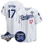 Los Angeles Dodgers #17 Shohei Ohtani White Fedasgoge 2025 World Series With No. 34 Patch Limited Stitched Jersey