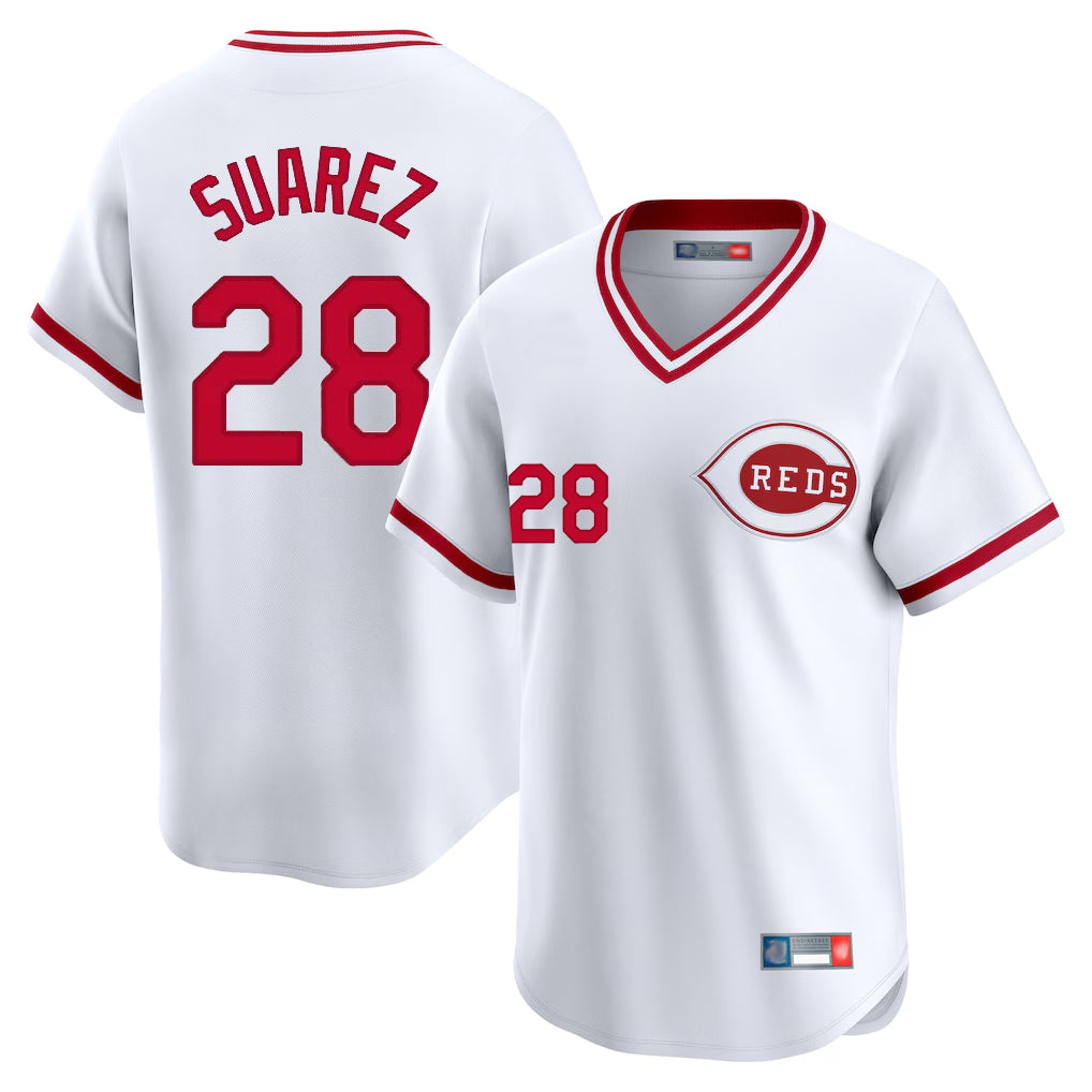 Cincinnati Reds #28 Eugenio Su¨¢rez Player White Fedasgoge Cooperstown Collection Limited T-shirt Home Stitched Jerseys