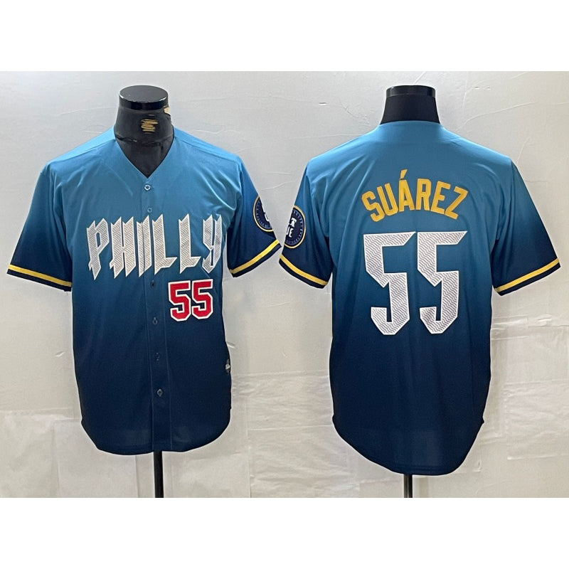 Philadelphia Phillies #55 Ranger Suarez Blue Fedasgoge 2024 City Player Number Cool Base Jerseys