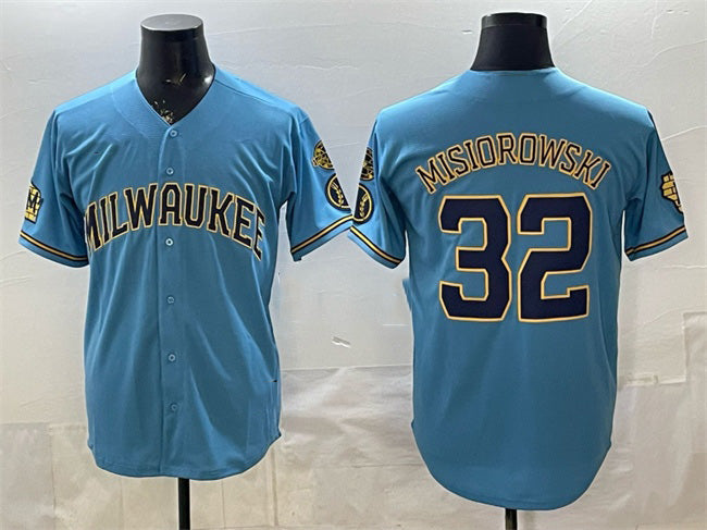 Milwaukee Brewers #32 Jacob Misiorowski Blue Fedasgoge With Home & Bob Uecker Patch Stitched Jersey