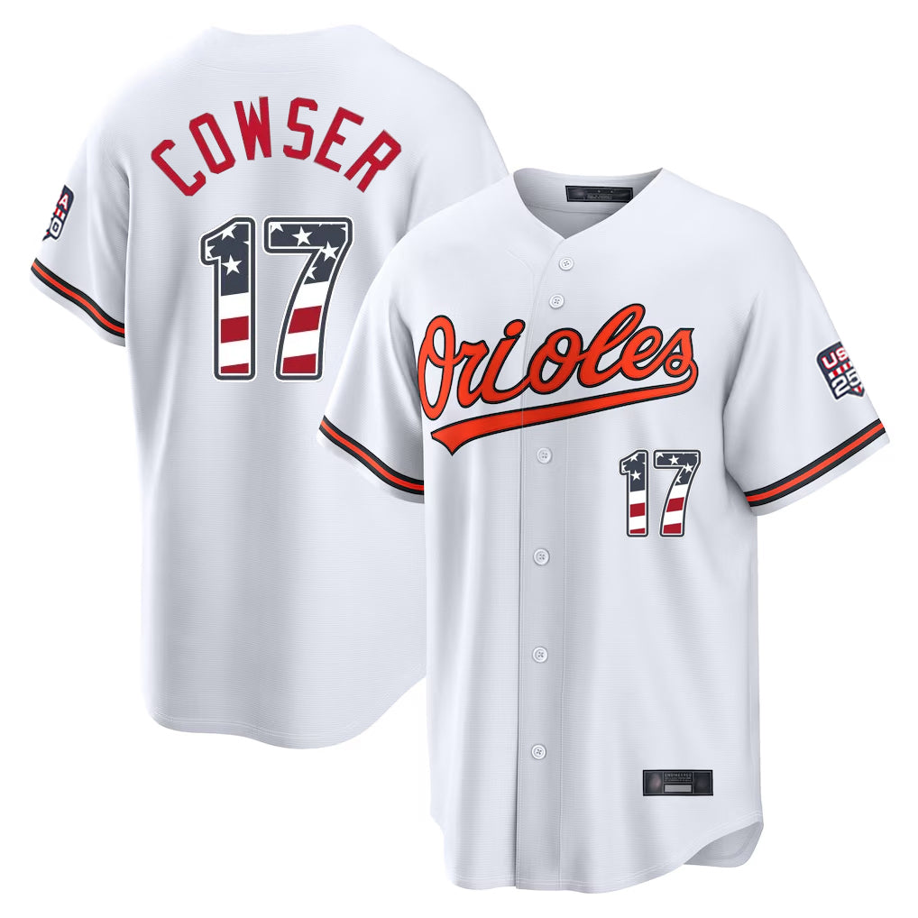 Baltimore Orioles #17 Colton Cowser Player White Fedasgoge USA 250 Fourth of July Home Game Stitched Jerseys