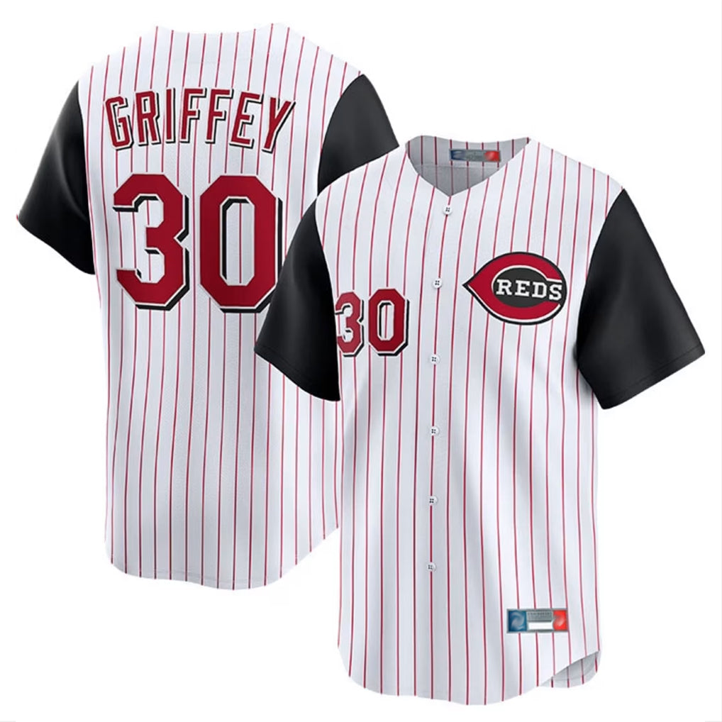 Cincinnati Reds #30 Ken Griffey Player White Black Fedasgoge Stripe Field of Dreams Game Home Stitched Jerseys
