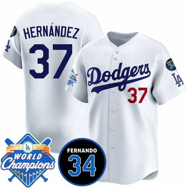 Los Angeles Dodgers #37 Teoscar Hernandez White Fedasgoge 2024 World Champions & Fernando Memorial Patch Vapor Premier Home Limited Stitched Jersey
