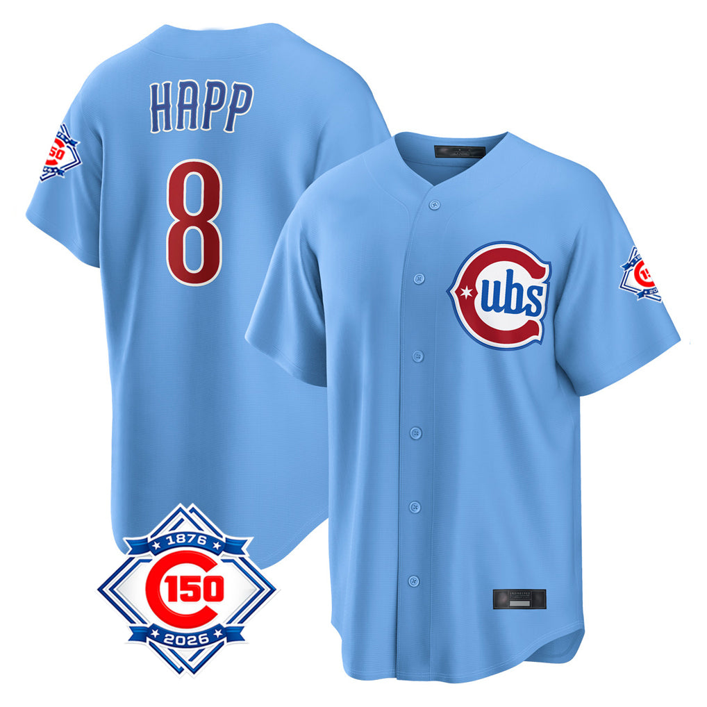Chicago Cubs #8 Ian Happ Player Light Blue Fedasgoge 150th Anniversary Home Game Stitched Jerseys