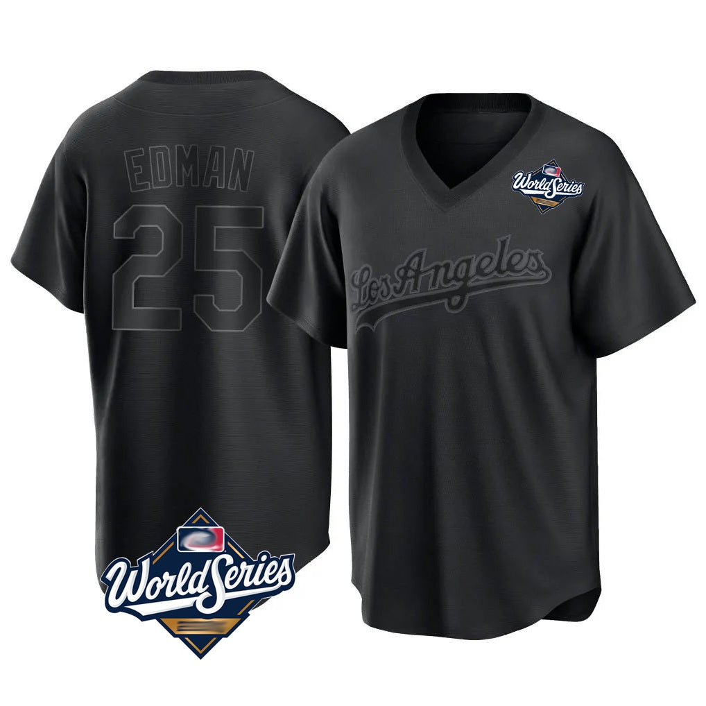 Los Angeles Dodgers #25 Tommy Edman Player Black Fedasgoge World Series Pitch Fashion T-shirt Stitched Jerseys
